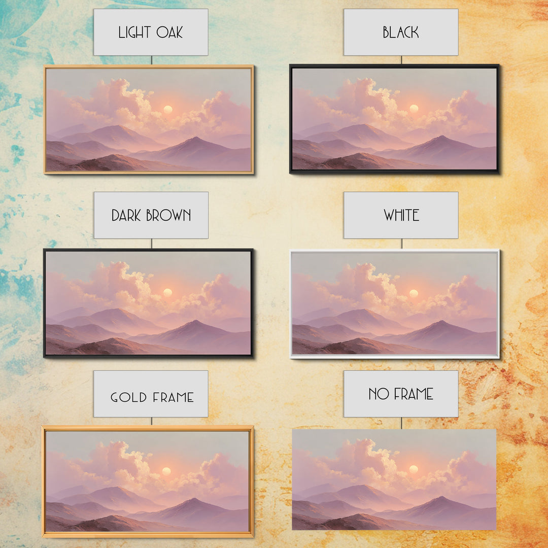 Misty Pink Mountain Sunset Wall Art, Pastel Landscape Canvas Print, Serene Nature Decor, Bedroom Above Bed Calming Wall Art