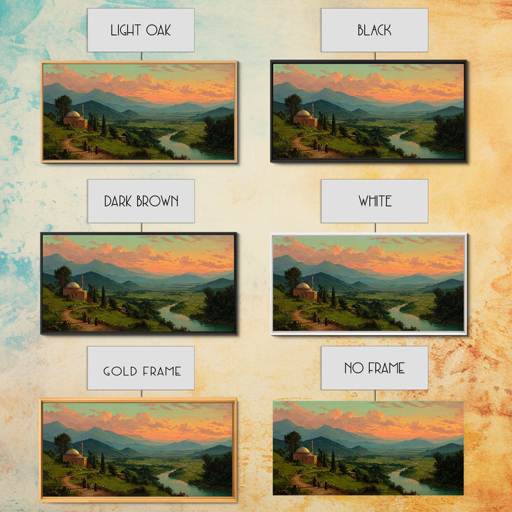 Mountain Valley Mosque At Golden Sunset Canvas Print, Panoramic Landscape Wall Art, Rustic Home Decor, Travel Poster, Fine Art Print