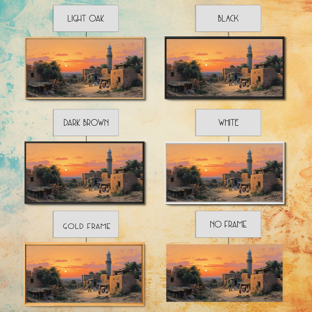 Sunset Village With Stone Mosque Wall Art, Middle Eastern Travel Poster, Islamic Home Decor, Warm Landscape Print, Gift Idea