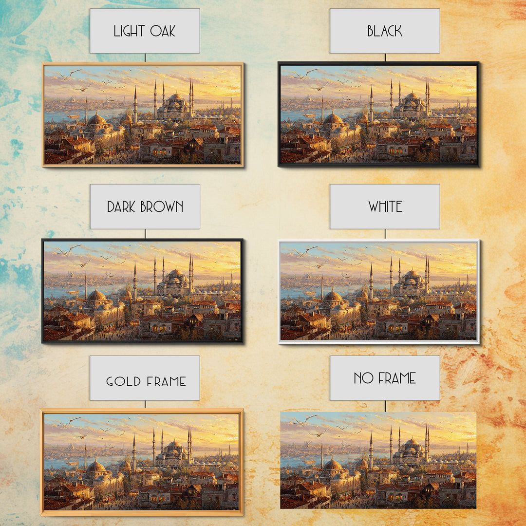 Istanbul Mosque Skyline At Sunset Wall Art, Turkish Travel Poster, Islamic Architecture Canvas Print, Warm City Living Room Decor