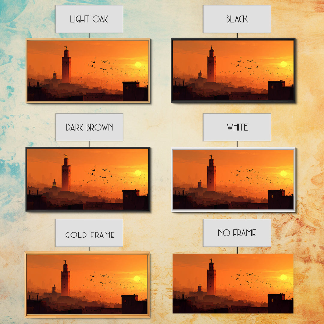 Orange Marrakech Skyline Wall Art, Moroccan Tower Sunset Canvas Print, Travel Poster, Islamic Architecture, Warm Home Decor