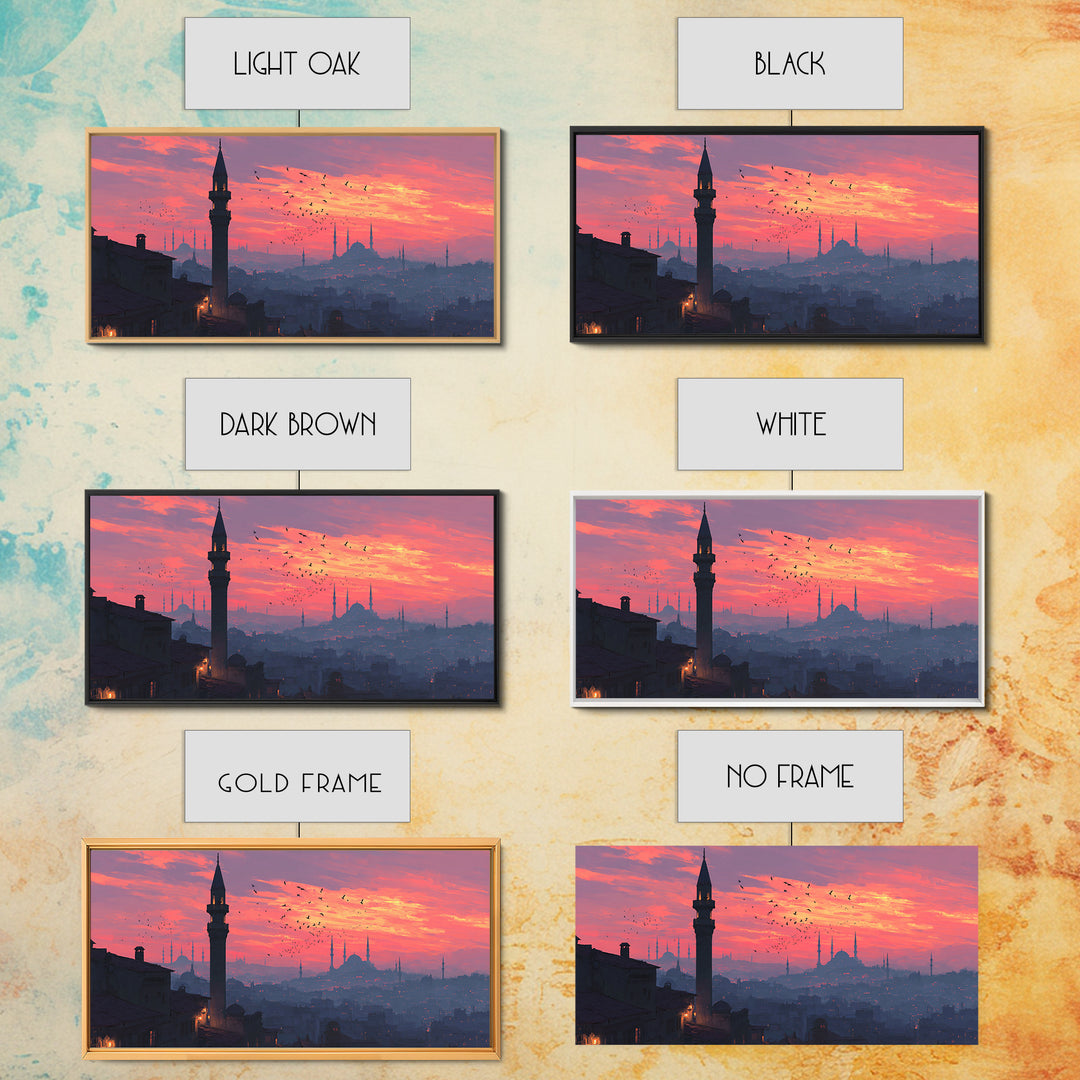 Istanbul Minarets At Pink Sunset Wall Art, Turkish Skyline Canvas Print, Middle Eastern Decor, Travel Poster, Islamic Art
