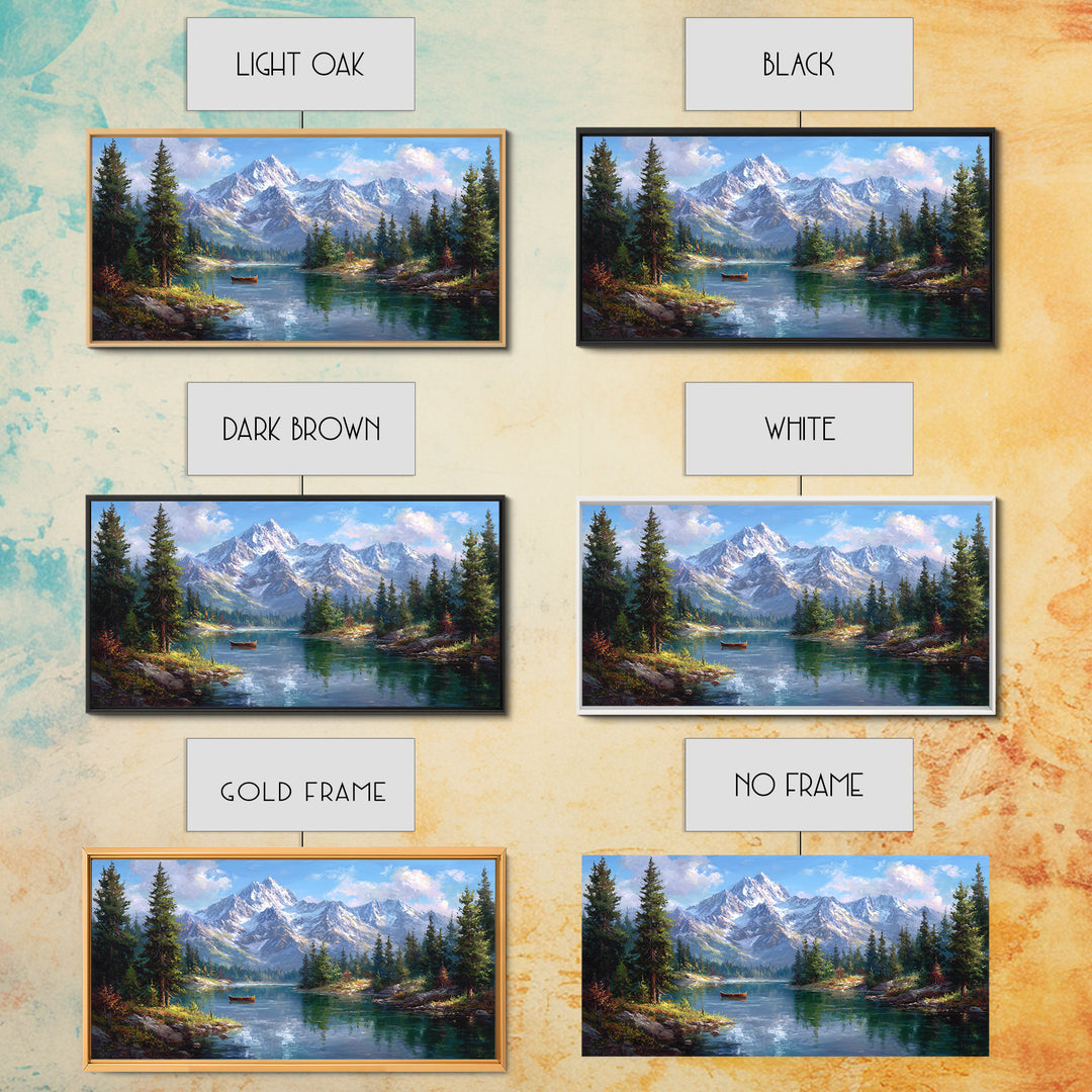 Snowy Mountain Lake With Canoe Framed Canvas Print, Alpine Landscape Wall Art, Rustic Cabin Decor, Nature Gift For Living Room