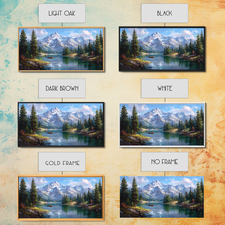 Snowy Mountain Lake With Canoe Framed Canvas Print, Alpine Landscape Wall Art, Rustic Cabin Decor, Nature Gift For Living Room