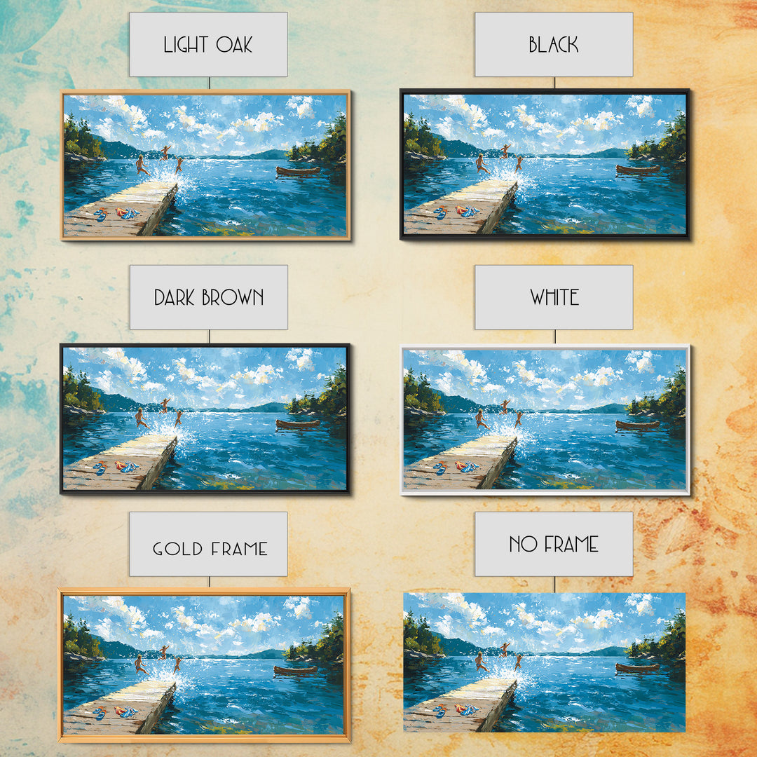 Summer Lake Dock Wall Art, Kids Swimming And Canoe Canvas, Bright Coastal Cabin Decor, Lake House Living Room Print Gift