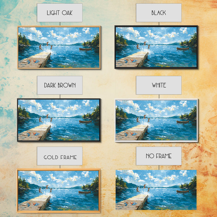 Summer Lake Dock Wall Art, Kids Swimming And Canoe Canvas, Bright Coastal Cabin Decor, Lake House Living Room Print Gift