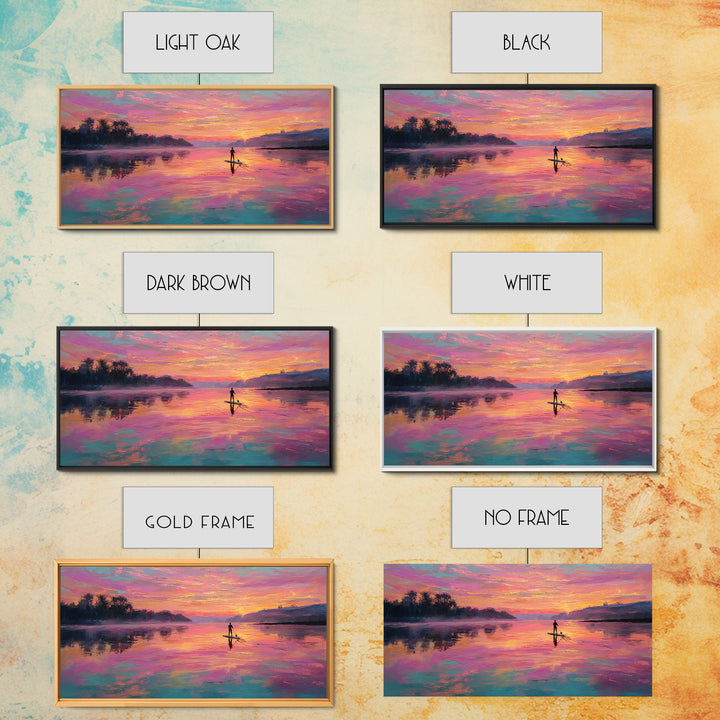 Paddleboarder On Pink Sunset Lake Wall Art, Colorful Seascape Canvas Print, Romantic Coastal Decor, Large Living Room Art