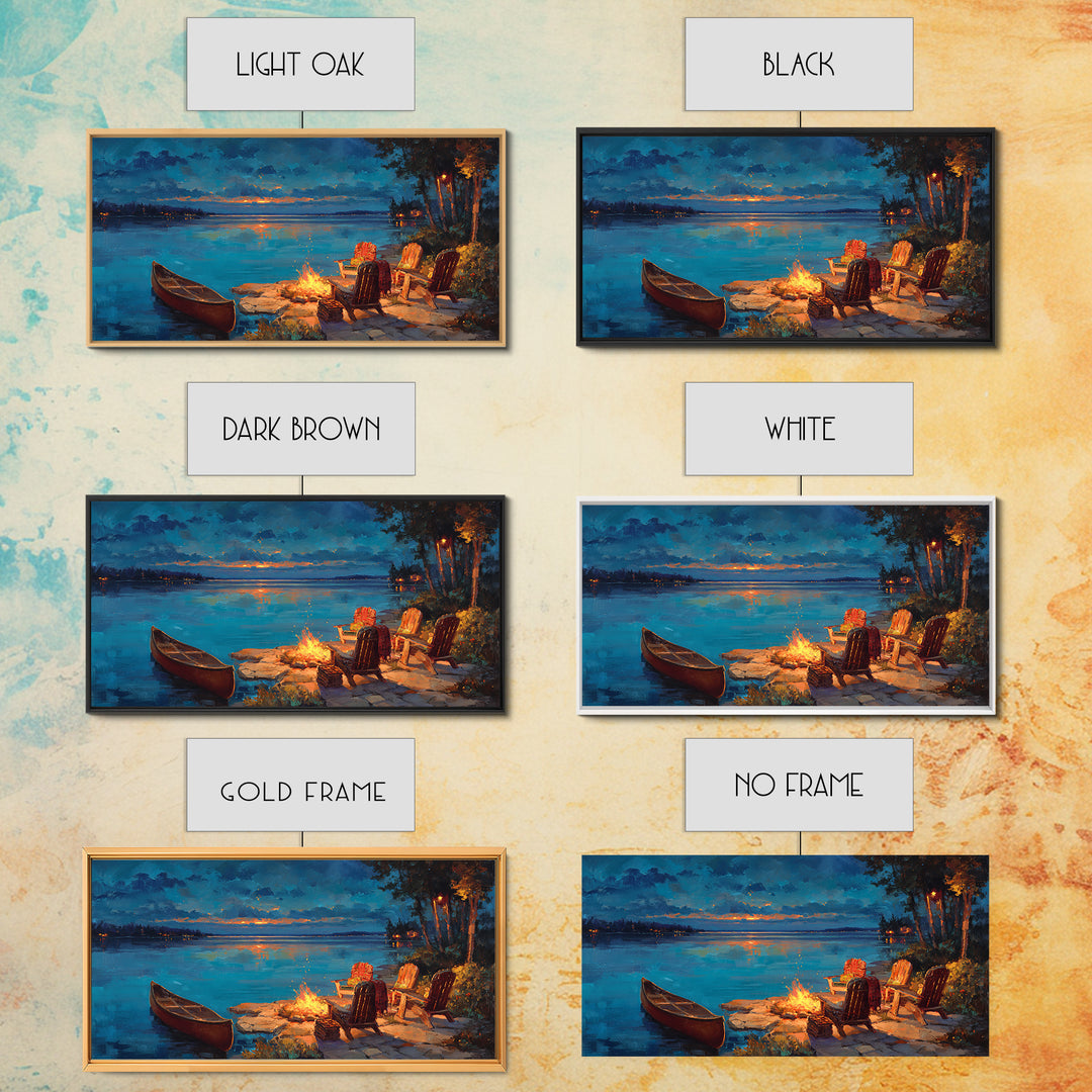 Cozy Lakeside Campfire Wall Art, Adirondack Chairs And Canoe Canvas, Rustic Lake House Cabin Decor For Living Room Decor