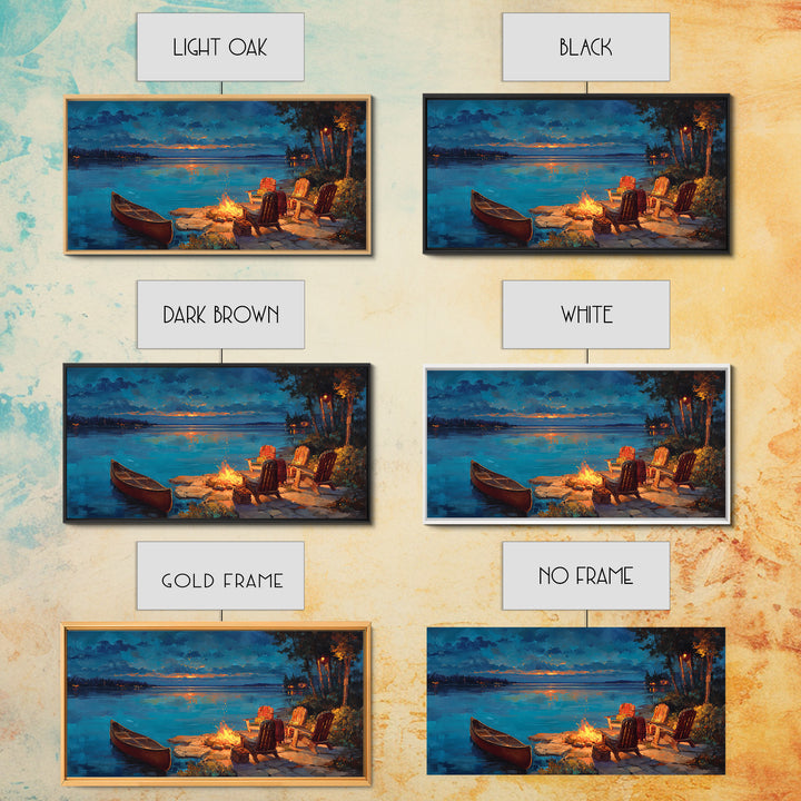 Cozy Lakeside Campfire Wall Art, Adirondack Chairs And Canoe Canvas, Rustic Lake House Cabin Decor For Living Room Decor