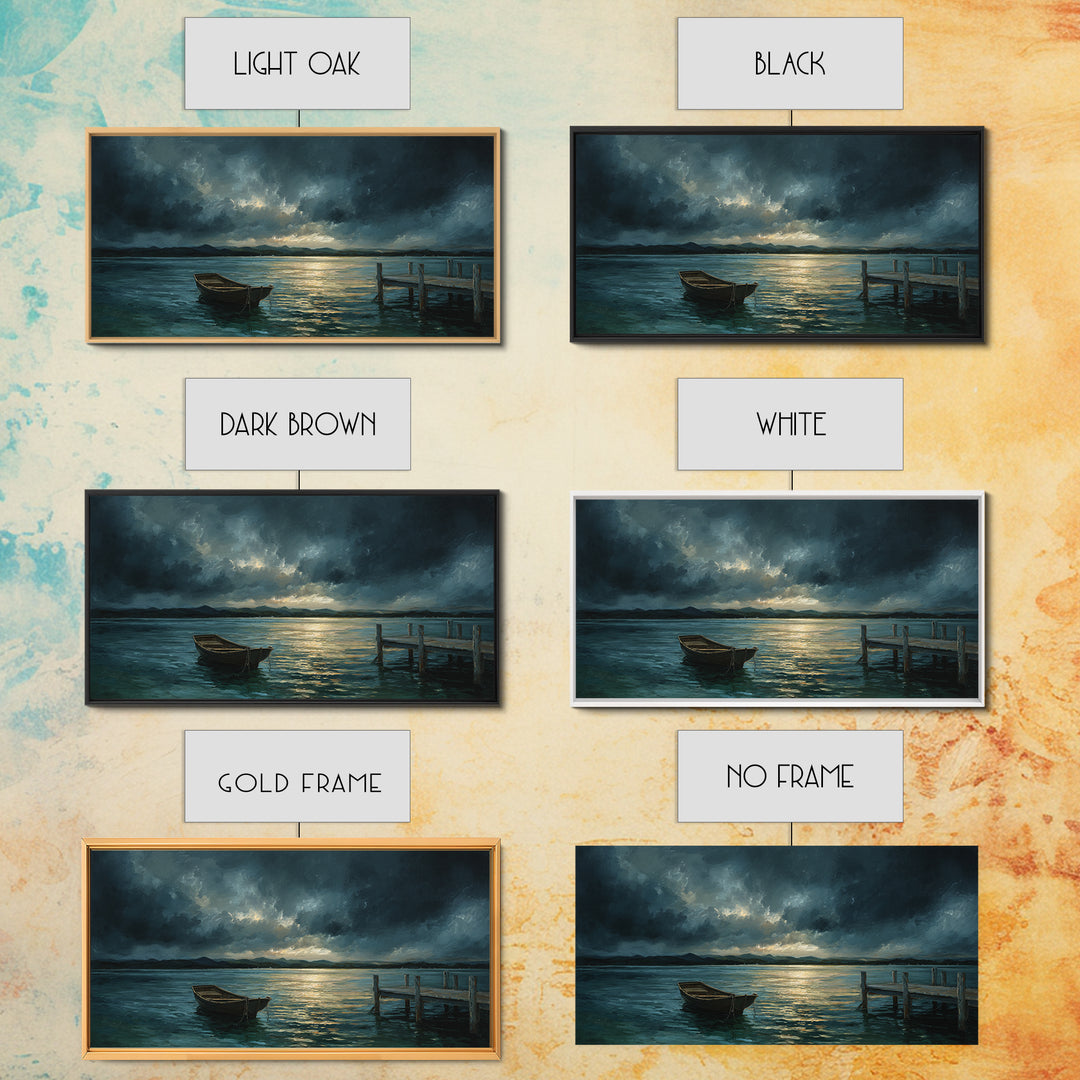 Stormy Row Boat And Wooden Dock Seascape Wall Art, Moody Ocean Canvas Print, Coastal Decor, Nautical Wall Decor Gift For Him