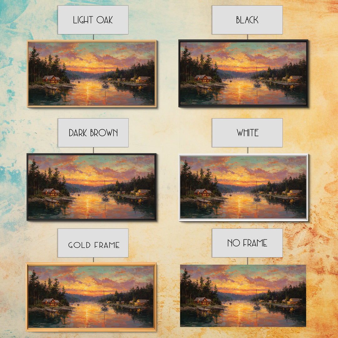 Glowing Lakeside Cabins At Sunset Framed Canvas Print, Rustic Lake House Wall Art, Cabin Decor, Landscape Painting, Living Room Decor