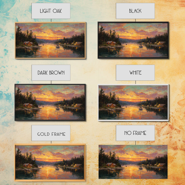 Glowing Lakeside Cabins At Sunset Framed Canvas Print, Rustic Lake House Wall Art, Cabin Decor, Landscape Painting, Living Room Decor