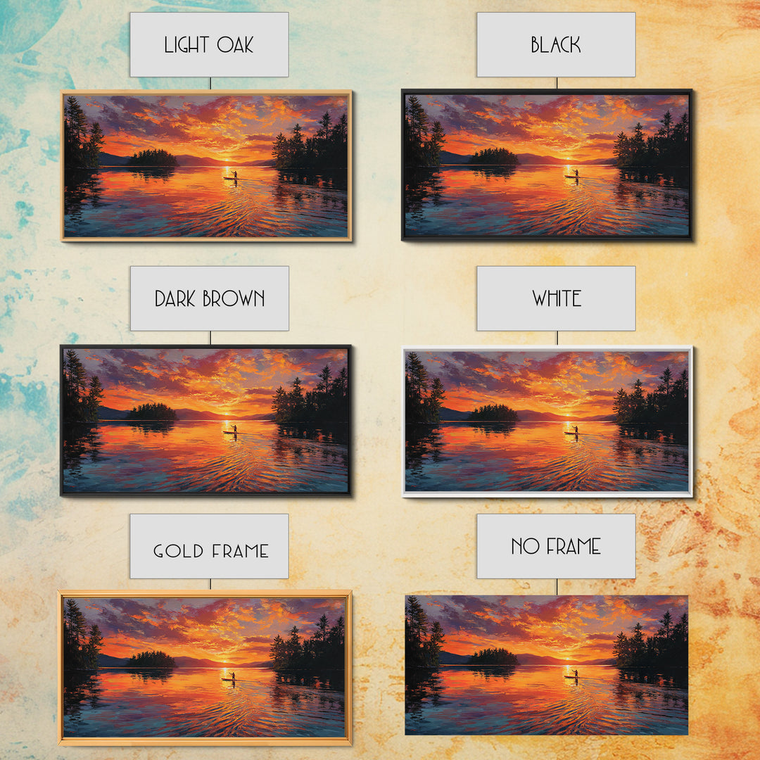 Fiery Sunset Kayaker On Mountain Lake Wall Art, Canvas Print, Outdoor Adventure Decor, Lake House Gift, Large Wall Art, Sunset Painting