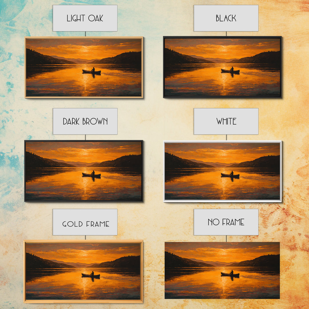 Orange Sunset Lake Boat Silhouette Canvas Print, Rustic Landscape Wall Decor, Serene Cabin Living Room Art, Housewarming Gift