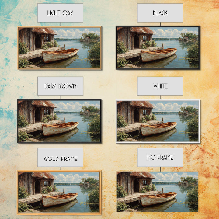 Rustic Waterfront Scene With Wooden Rowboat And Weathered Dock Painting Wall Art Canvas Print For Living Room Decor