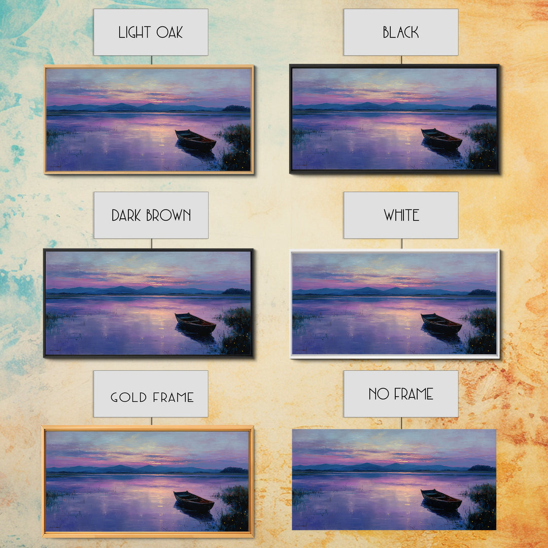 Peaceful Sunrise With Boat On Calm Lake Landscape Painting Large Wall Art For Living Room
