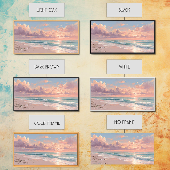 Pink Cloud Beach Sunrise Framed Canvas Print, Coastal Wall Art, Ocean Waves Seascape, Beach House Decor, Living Room Decor
