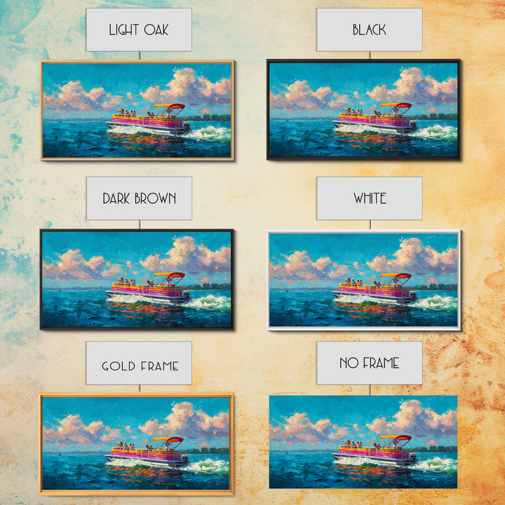 Vibrant Party Boat At Sea With Cheerful Passengers At Sunset Wall Art Framed Canvas Print Bright Colorful Coastal Decor