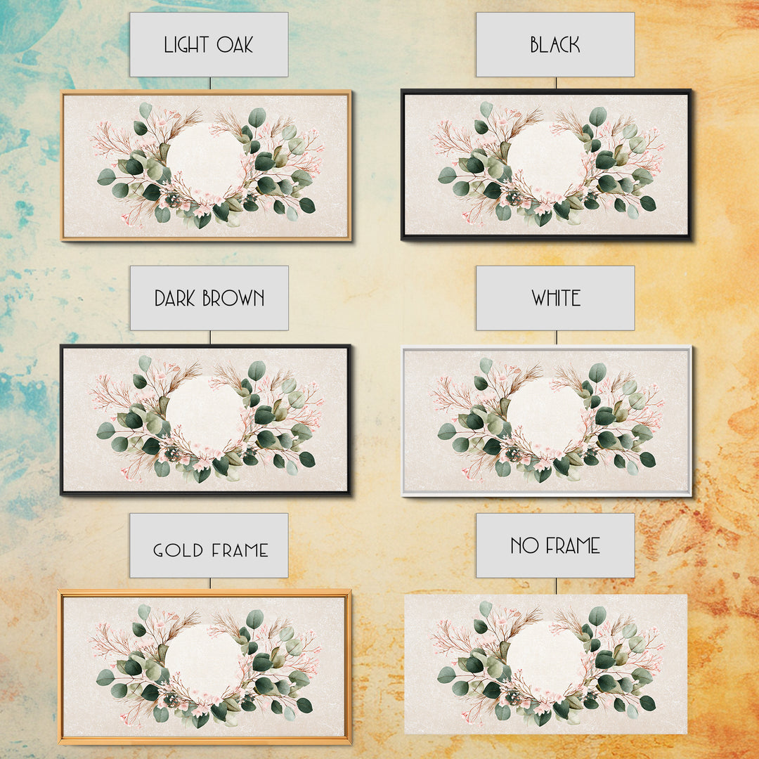 Eucalyptus Floral Wreath Wall Art, Botanical Greenery Print, Neutral Boho Home Decor, Living Room Above Bed Horizontal Canvas