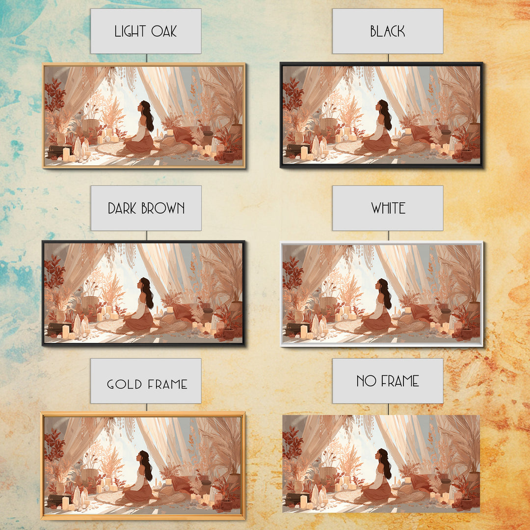 Sunlit Boho Meditation Room With Woman And Crystals Canvas Print, Spiritual Yoga Decor, Serene Feminine Wall Art Gift For Her