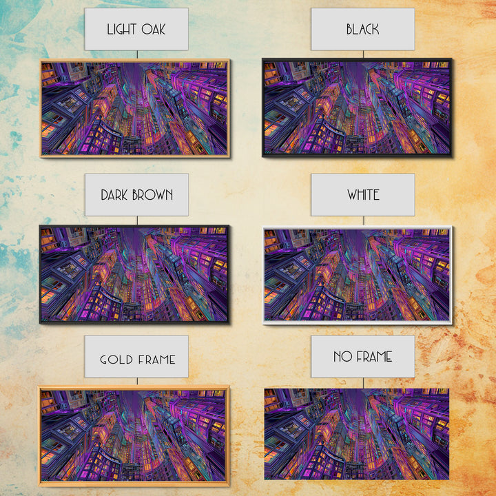 Vibrant Neon Cityscape With Tall Skyscrapers Artistic Wall Art Print, Colorful Urban Home Decor, Modern Framed Canvas Print