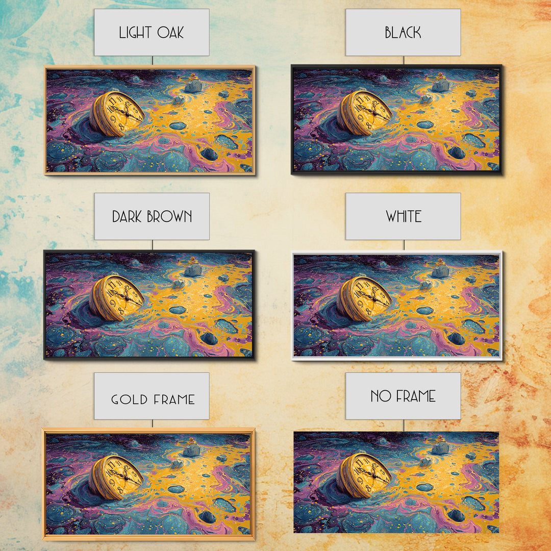 Surreal Abstract Time Melting Clock In Vibrant Blue And Gold Swirling Colors Contemporary Wall Art Printed Canvas Print