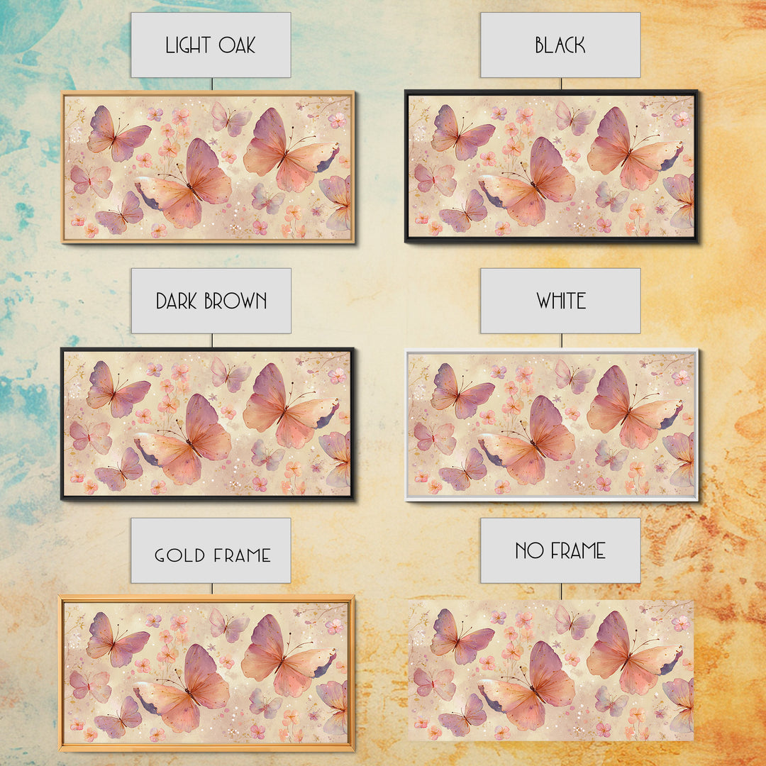 Blush Pink Butterflies And Tiny Flowers Wall Art, Pastel Canvas Print, Whimsical Nursery Bedroom Decor, Feminine Gift For Her