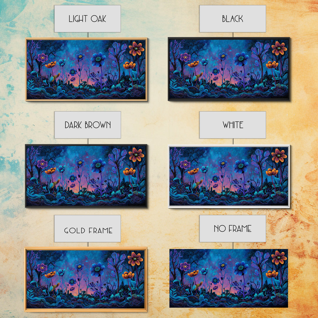 Whimsical Blue And Purple Flowers Digital Painting Vibrant Floral Wall Art Framed Canvas Print For Bedroom Or Living Room Decor