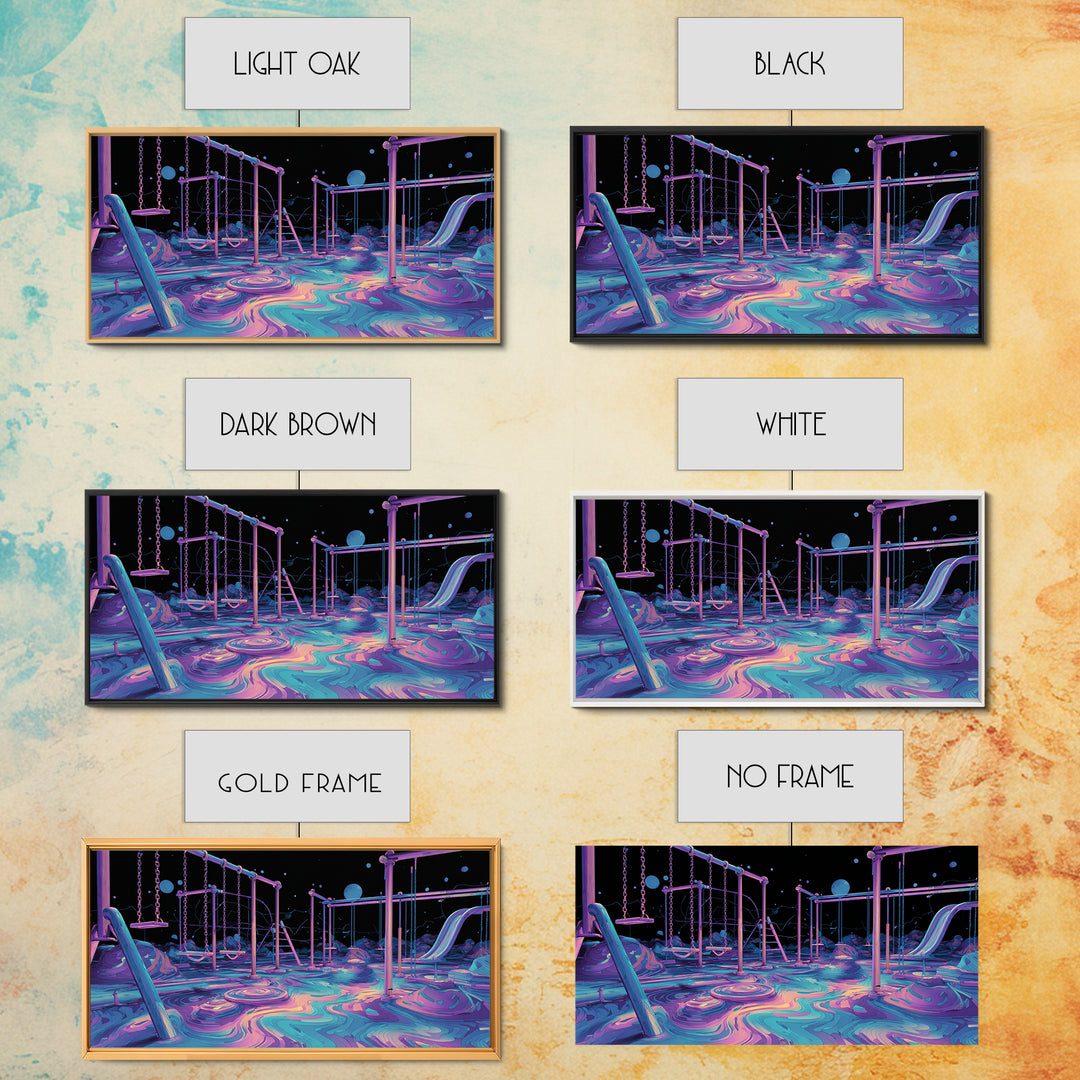 Surreal Neon Playground Illustration With Glowing Elements Wall Art Print, Vibrant Kids Room Decor, Modern Canvas Print