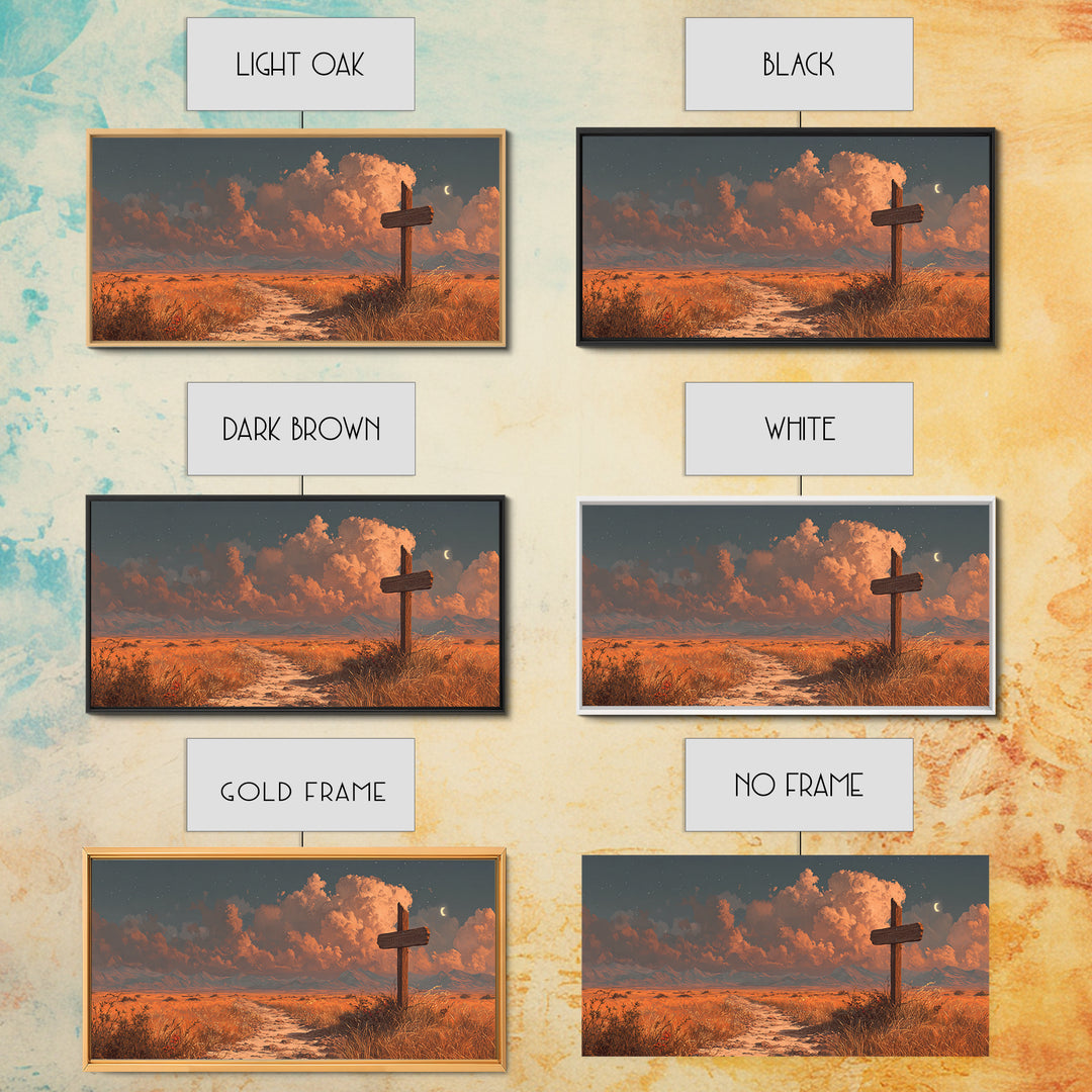 Tranquil Desert Landscape Sunlit Path With Cross Wall Art Sunset Painting Canvas Print Home Decor