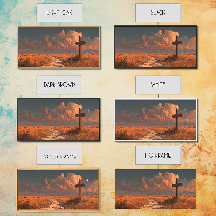 Tranquil Desert Landscape Sunlit Path With Cross Wall Art Sunset Painting Canvas Print Home Decor