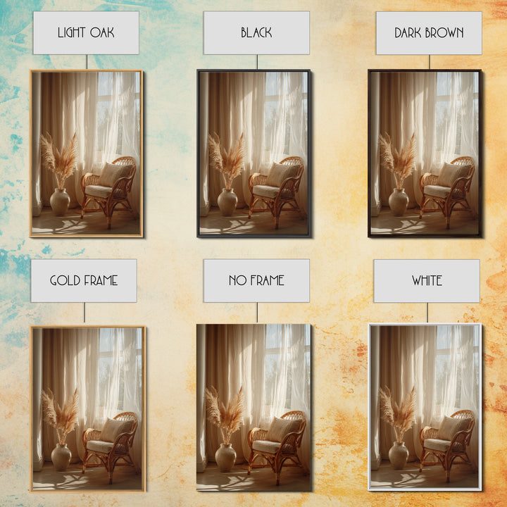 Sunlit Rattan Chair With Pampas Grass Framed Canvas Print, Boho Wall Art, Neutral Home Decor, Cozy Bedroom Wall Decor Print