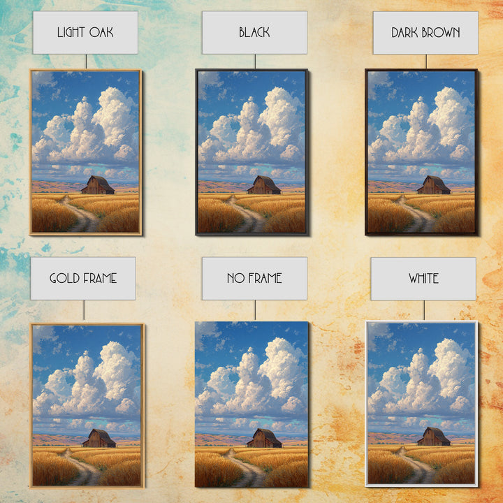 Quiet Serenity Of Rustic Barn In Golden Field Under Expansive Sky Wall Art Framed Canvas Print