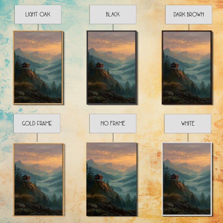 Serene Mountain Landscape At Sunset With Wooden Cabin Wall Art Framed Canvas Print For Living Room Decor