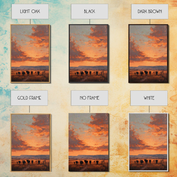 Rustic Western Sunset Landscape Painting With Longhorn Cows Framed Canvas Print For Country Home Decor And Farmhouse Wall Art
