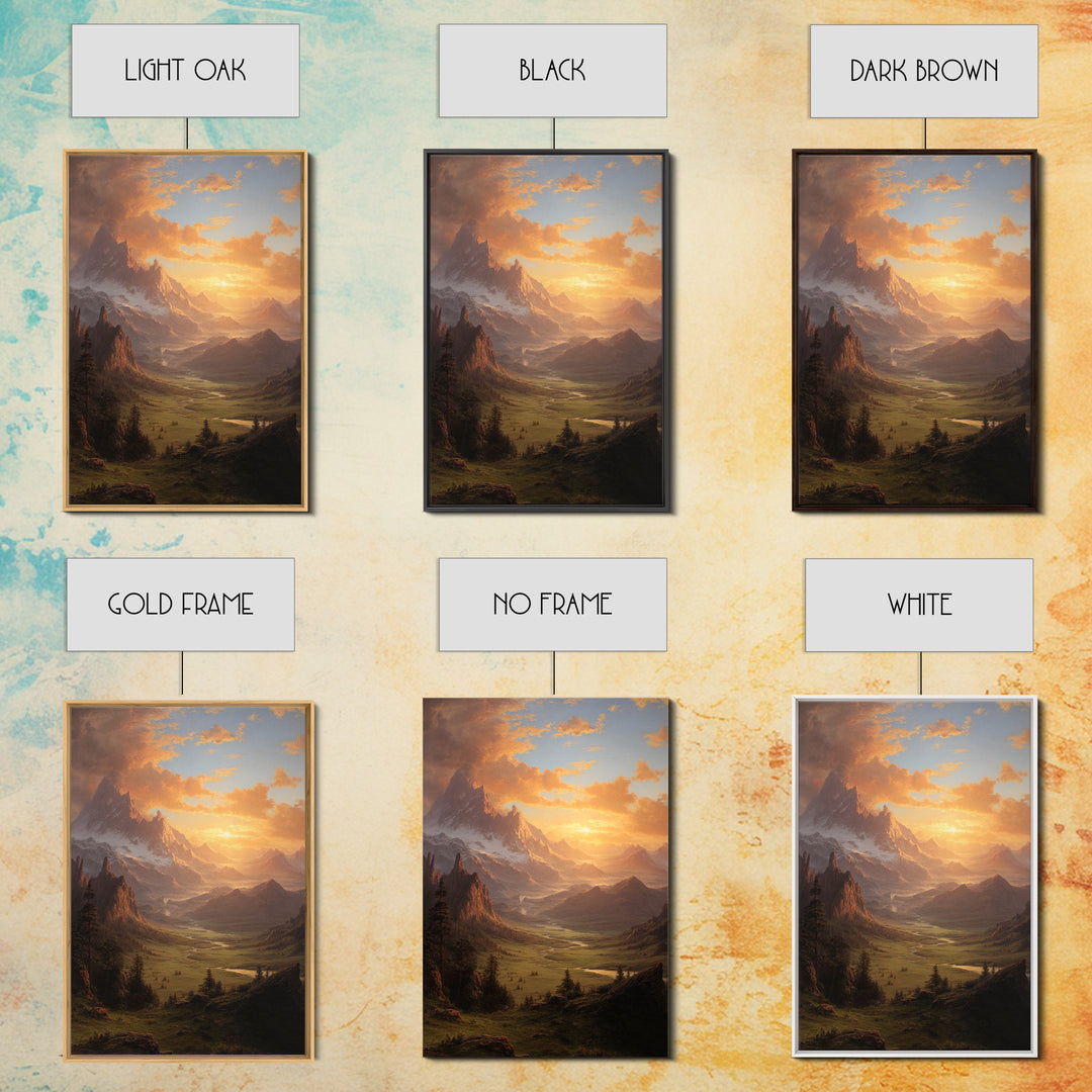 Romantic Mountain Valley Landscape Painting At Sunset Wall Art Print For Living Room Decor Framed Canvas Print Nature Home Decor
