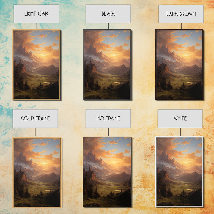 Romantic Mountain Valley Landscape Painting At Sunset Wall Art Print For Living Room Decor Framed Canvas Print Nature Home Decor