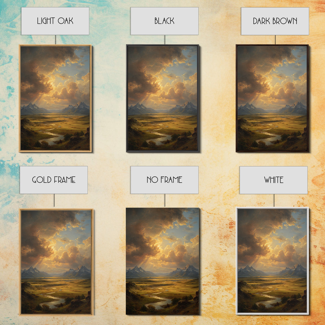 Sunlight Rays Breaking Through Cloudy Sky Over Vast Mountain Valley Framed Canvas Print For Nature Lovers