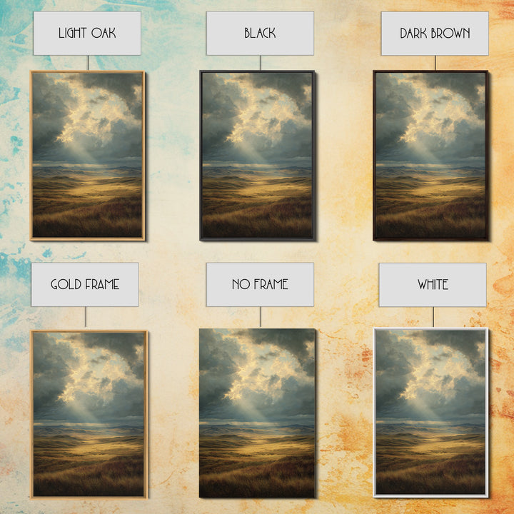 Magnificent Sunbeam Over Vast Meadow Landscape Painting Wall Art Large Canvas Print For Rustic And Farmhouse Decor