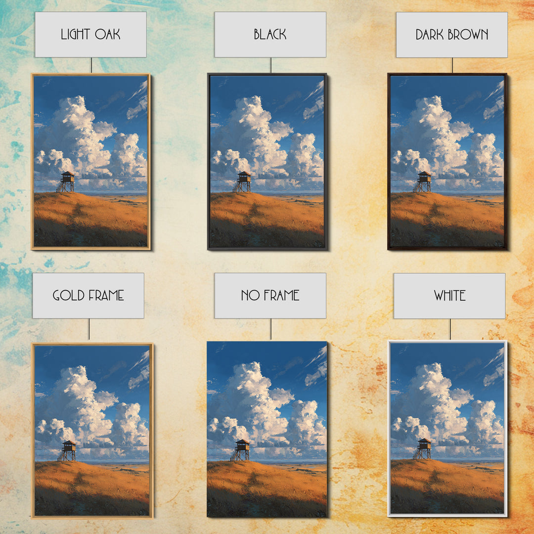 Blue Sky With Clouds Over Rustic Watchtower In Field Landscape Wall Art Original Canvas Print
