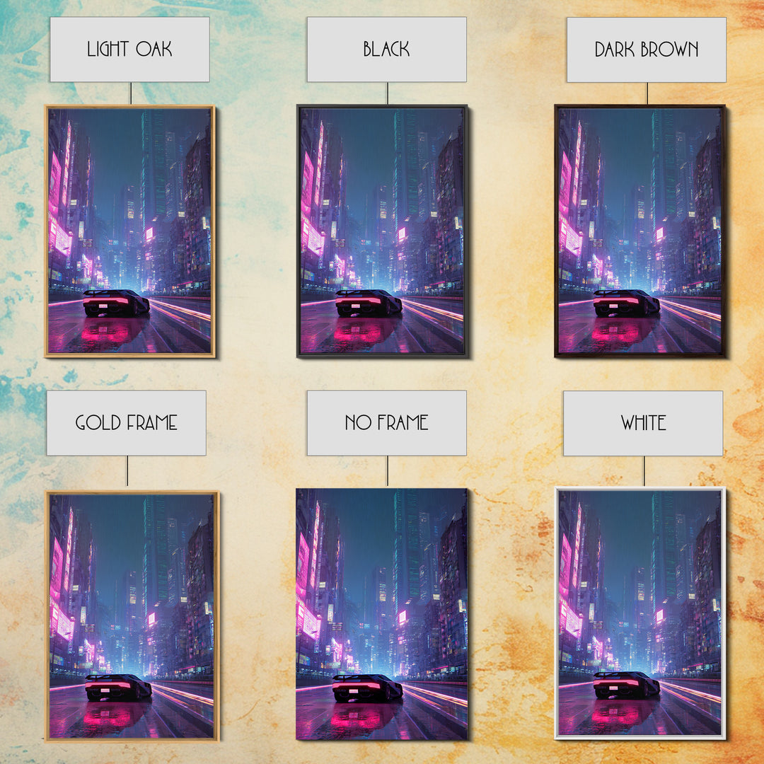 Futuristic Cyberpunk Car Racing Through Neon Lit Rainy City Streets Canvas Print For Trendy Wall Art