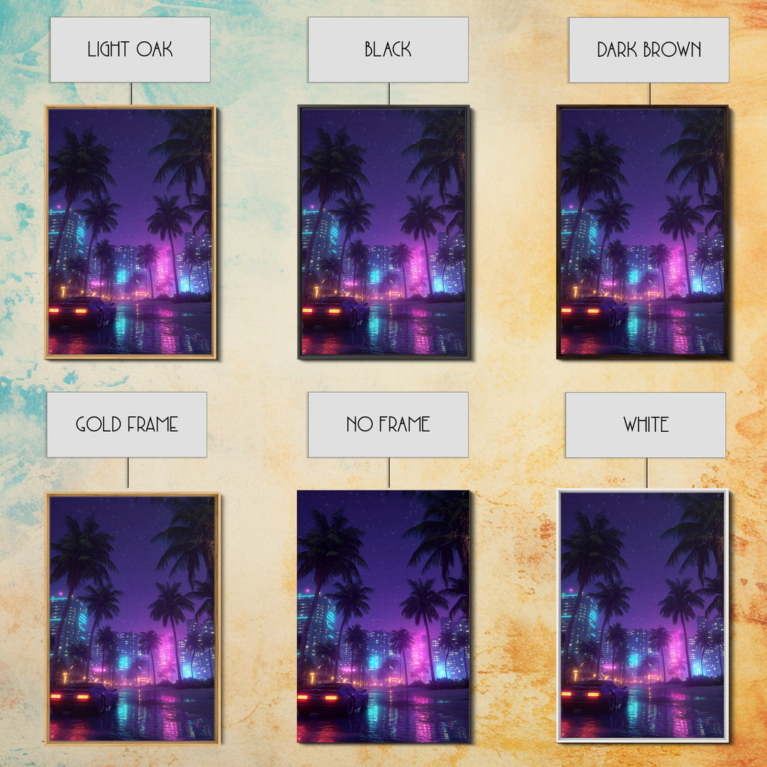 Neon Cityscape With Palm Trees And Retro Sports Car Large Wall Art Framed Canvas Print Vibrant Modern Home Decor