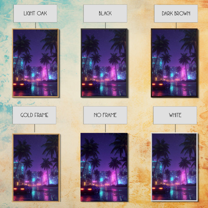 Neon Cityscape With Palm Trees And Retro Sports Car Large Wall Art Framed Canvas Print Vibrant Modern Home Decor
