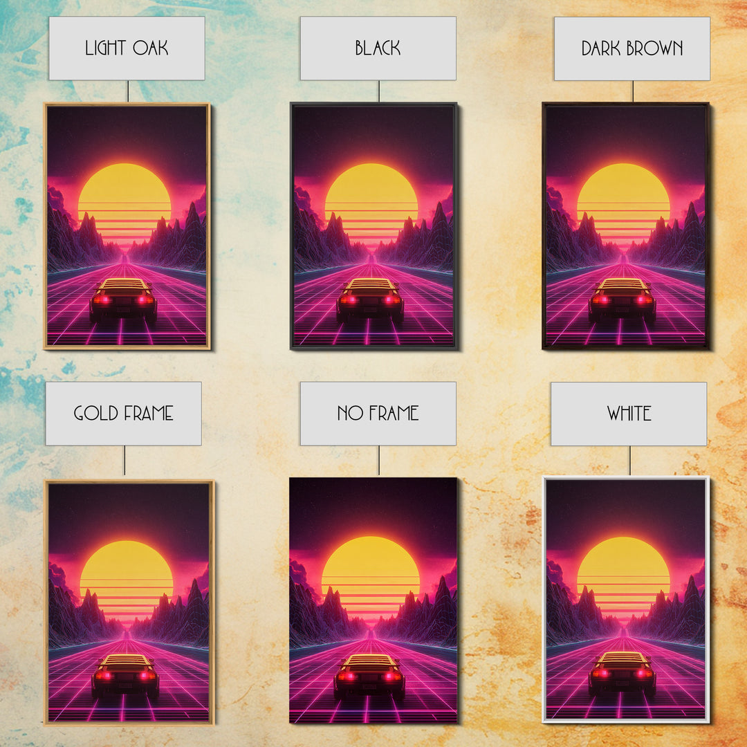 Retro Futuristic Neon Sunset Landscape With Car Driving On Road Wall Art Canvas Print Modern Home Decor For Living Room