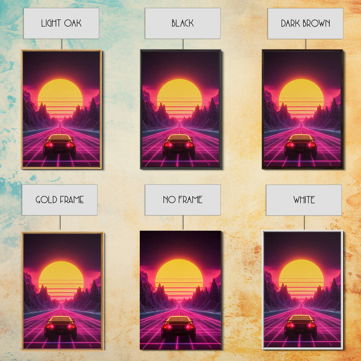 Retro Futuristic Neon Sunset Landscape With Car Driving On Road Wall Art Canvas Print Modern Home Decor For Living Room