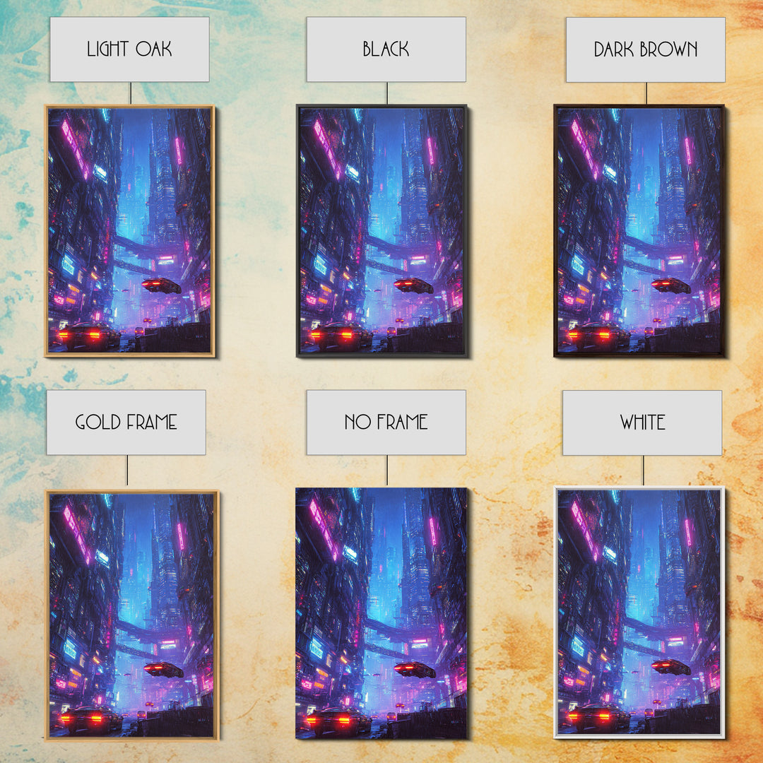 Cyberpunk Cityscape Night Scene Neon Lights Digital Wall Art Framed Canvas Print for Modern Home Decor
