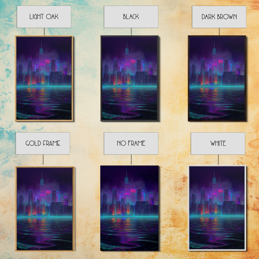 Neon Cyberpunk Cityscape With Reflections Futuristic Digital Wall Art Framed Canvas Print