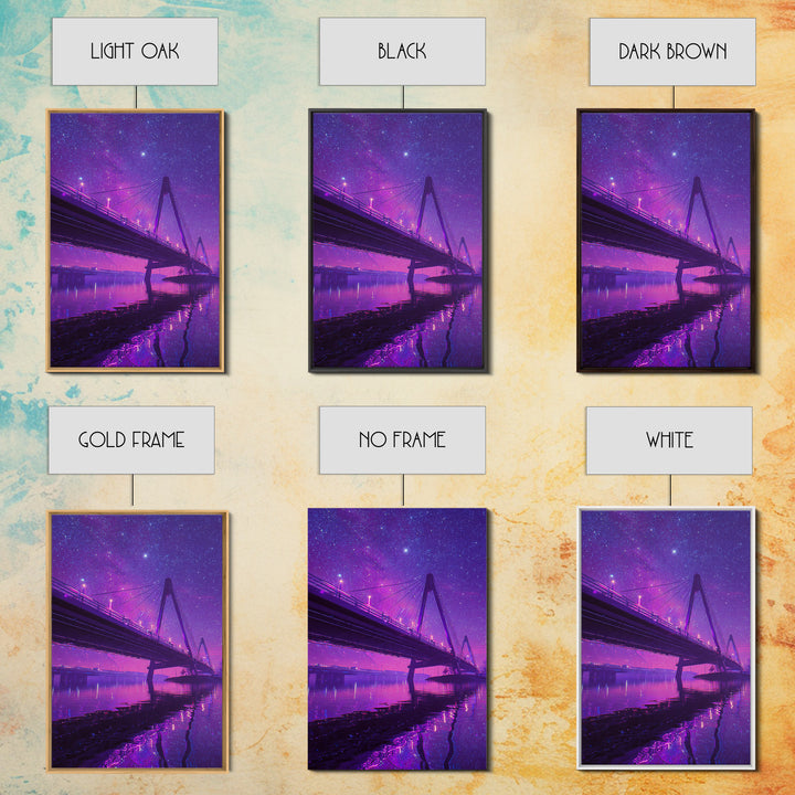 Digital 80s Style Neon Mountain Landscape With Purple Glowing River Wall Art Framed Canvas Print For Retro Modern Home Decor