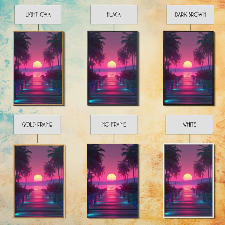 Retro Futuristic Neon Pink Sunset Over Waterfront Pier With Palm Trees Wall Art Framed Canvas Print For Vibrant Home Decor