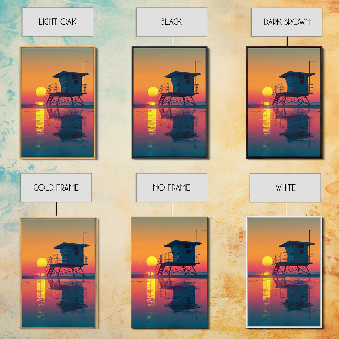 Sunset Beach Scene With Lifeguard Tower Reflecting On Water Modern Wall Art Digital Canvas Print